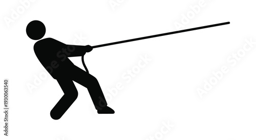 A stark black silhouette of a person intensely pulling a rope against a white background silhouette high quality