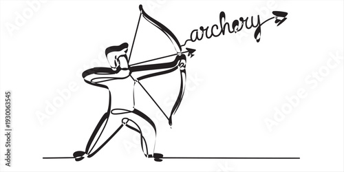 Simple line drawing of an archer aiming a bow with the word archery as the arrow. Vector, illustration