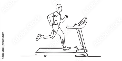 Continuous line drawing of a man running on a treadmill for fitness and exercise Vector, illustration