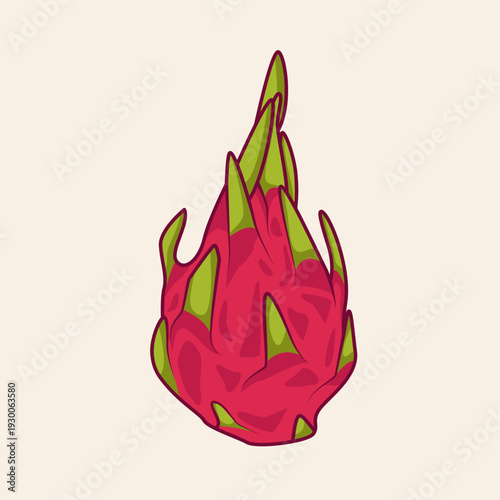 A vibrant, stylized illustration of a single dragon fruit with bright pink skin and green scales, depicted on a light background.