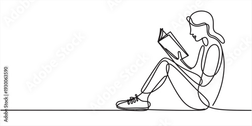 Single line drawing of a young woman sitting on the floor and reading an interesting book. Vector, illustration