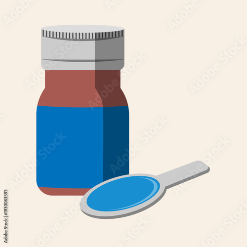 A brown medicine bottle with a blue label and a spoon filled with blue liquid, suggesting medication or syrup.