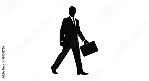 A sharply dressed businessman walking forward carrying a briefcase presented as a striking silhouette high quality professional detailed