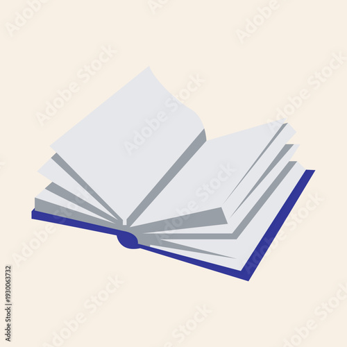 An open book with a blue cover and blank pages lying flat on a light background.
