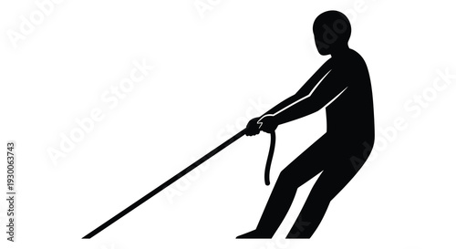 A stark black silhouette depicts a person intensely pulling on a rope portraying focused effort silhouette high quality