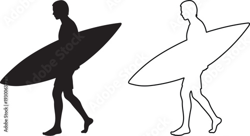 A solid black silhouette and a white outline show surfers walking barefoot while carrying their surfboards