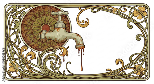 Vintage faucet with blood dripping from tap surrounded by ornate floral border design