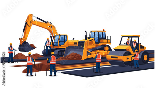 Construction workers operating heavy machinery on roadwork site.