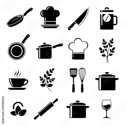 Collection of kitchen utensils and cooking icons displayed in grid
