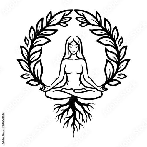 Woman meditating surrounded by leaves and roots in lotus position illustration