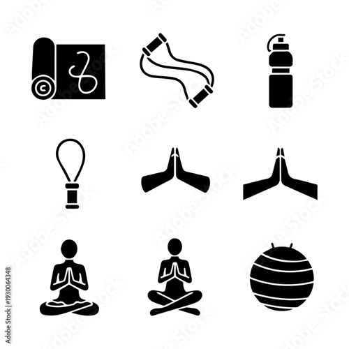 Yoga and meditation icons representing various poses and practices for wellness and mindfulness exercises