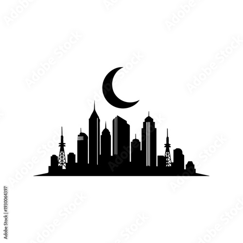 Cityscape silhouette with crescent moon above tall buildings at dusk from a distant viewpoint