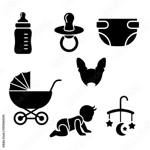 Baby items and baby crawling on floor illustrations set