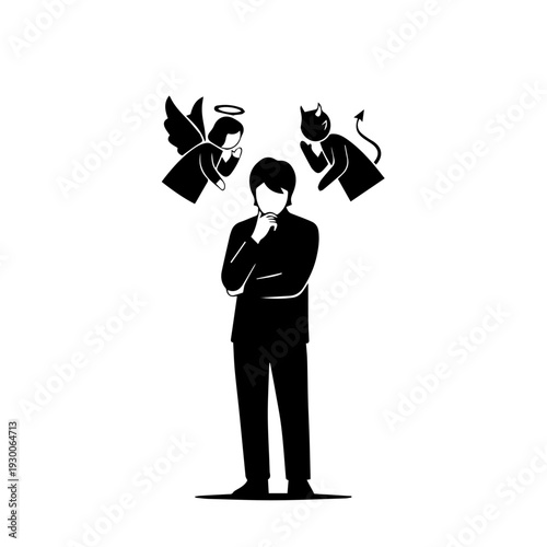 Man contemplates between angel and devil illustration