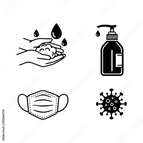 Hygiene icons set with hands, soap, mask, and virus illustration