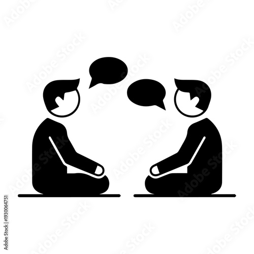 Two individuals engaging in a conversation, facing each other with speech bubbles, illustrated in a simple graphic style