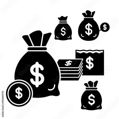 Money bags and cash stacks illustrating financial transactions and wealth