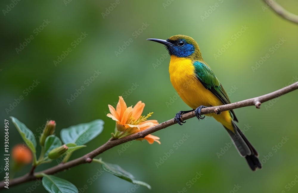 Obraz premium Small yellow bird with blue throat sits on branch near orange flower. Green foliage forms soft background. Avian nature scene shows vibrant colors of tropical wildlife.