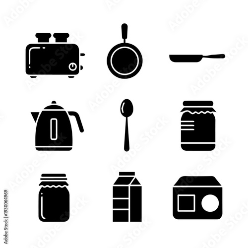 Kitchen utensils and appliances set on display in a cooking environment from a straightforward viewpoint