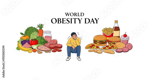 Illustration of a person sitting between healthy and unhealthy food options on World Obesity Day to promote balanced diet and weight management.