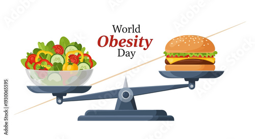 A balanced scale with a healthy salad and an unhealthy burger on either side, symbolizing World Obesity Day and the importance of a balanced diet for weight management and obesity