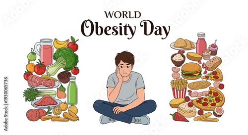 Illustration of a worried man sitting between healthy and unhealthy food stacks on World Obesity Day, promoting global awareness of obesity prevention and healthy lifestyle choices.
