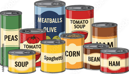 Assorted canned food collection featuring tin cans of peas tomato soup corn meatballs spaghetti beans and ham for grocery pantry and food donation concepts.