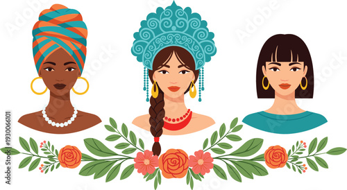 Diverse female portraits set featuring African headwrap Russian kokoshnik and modern hairstyles with floral elements for International Women's Day and cultural diversity themes.