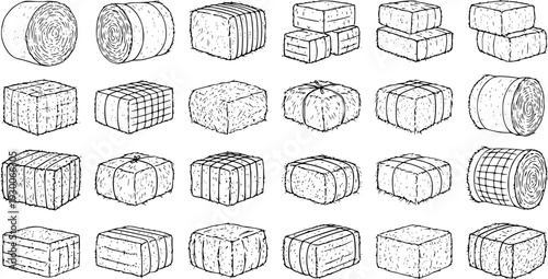 Hay Bales Line Art Illustration: Rustic Farm Element, Agriculture  Harvest Design
