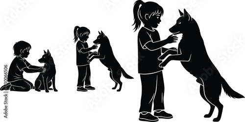 Children playing with pet dog silhouette set, boy and girl bonding with puppy, childhood friendship with animals, domestic pet vector.