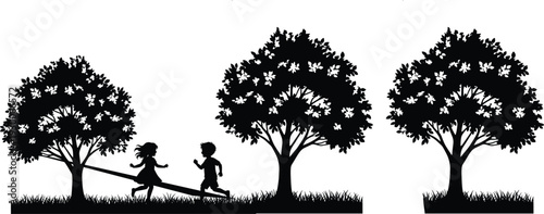 Children playing on seesaw silhouette vector, kids running in park among deciduous trees, summer nature landscape, playground outdoor activity graphic.