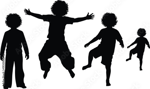 Children silhouette illustration, playful kids vector art, jumping and dancing figures, curly hair design, black silhouette artwork, joyful childhood concept