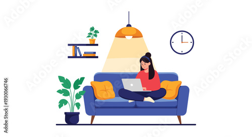 Young woman working comfortably on a laptop while sitting cross-legged on a blue sofa in a cozy interior.