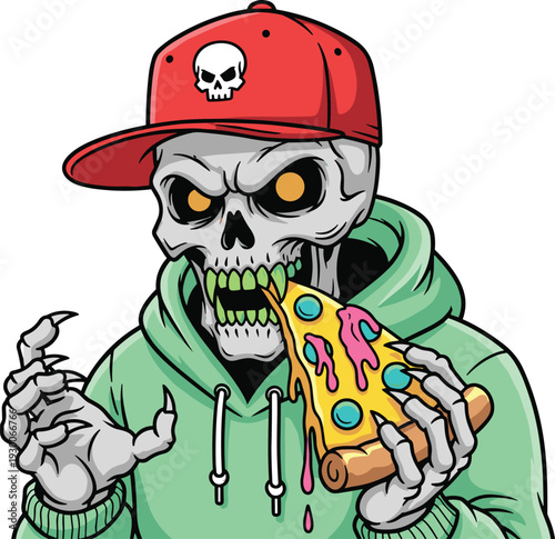 Cartoon Skeleton Eating Pizza Wearing Cap And Hoodie, Funny Halloween Skull Character Illustration, Urban Street Style Monster Graphic Isolated On White Background