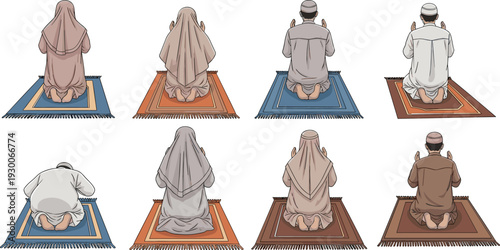 Set of Muslim men and women performing Islamic prayer Salah on mats in various positions including kneeling and prostrating for religious and cultural diversity designs.
