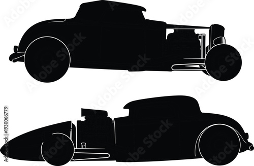 Classic hot rod car silhouette set, vintage custom street racer vector, retro automotive muscle car icons, isolated vehicle design elements,