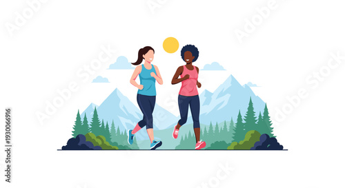 Diverse female friends jogging together through a beautiful mountain landscape with pine trees and a sunny sky.