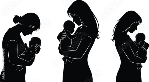 Collection of Three Beautiful Mother and Baby Silhouettes Showing Tenderness and Love for Motherhood Parenting New Born Child Care and Family Lifestyle Concept
