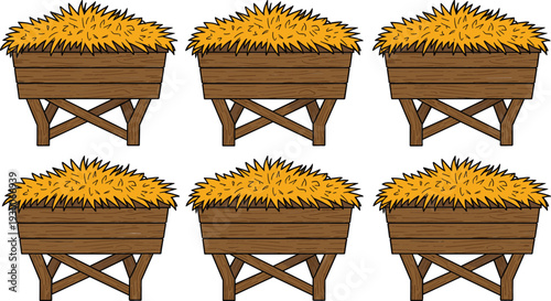 Set of rustic wooden mangers filled with dry hay and straw isolated on white background for farm animals and traditional Christmas nativity scene illustrations.
