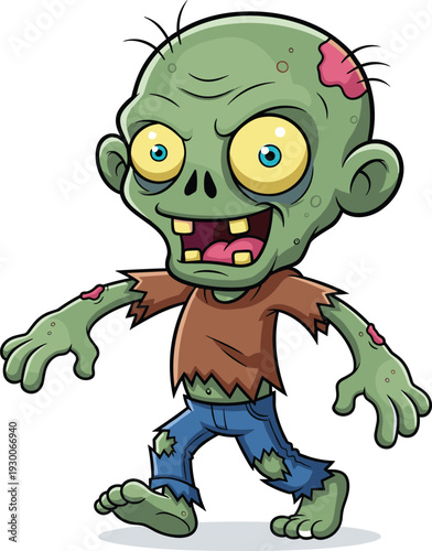 Cartoon zombie illustration, Halloween character, spooky monster, creepy undead, scary figure, humorous design, entertainment, fantasy, horror, costume, playful