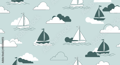 Nautical seamless pattern featuring sailboats and fluffy clouds drifting on a serene light blue sea background.