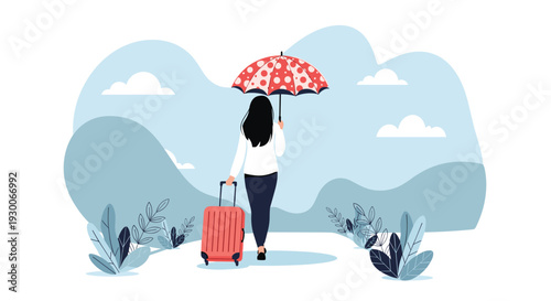 Woman walking alone through a stylized landscape carrying a suitcase and a red polka-dot umbrella for travel.