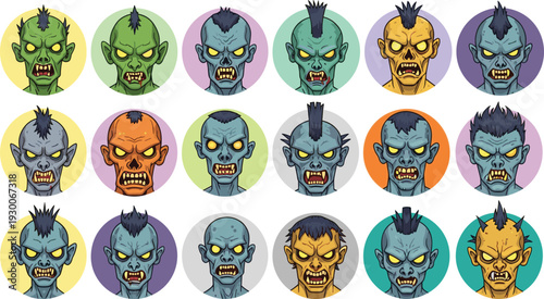 Orc Monster Avatar Set Illustration, Fantasy Game Character Portrait Collection With Angry Goblin Faces, Cartoon RPG Icons Isolated On White Background