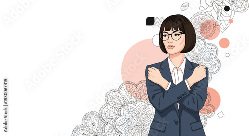 Portrait of a confident woman wearing glasses and a professional suit with her arms crossed against a floral backdrop.