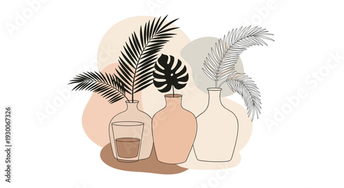 Elegant botanical composition featuring three ceramic vases holding different tropical leaves against organic shapes.