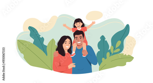 Cheerful family of three including father, mother, and young daughter sitting on his shoulders in a lush green setting.