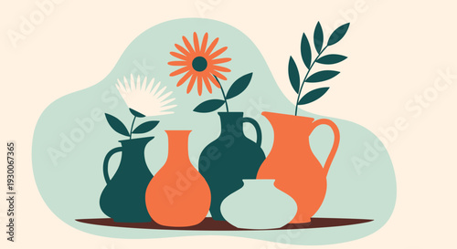 Charming collection of colorful vases and pitchers filled with a variety of beautiful flowers on a simple table.