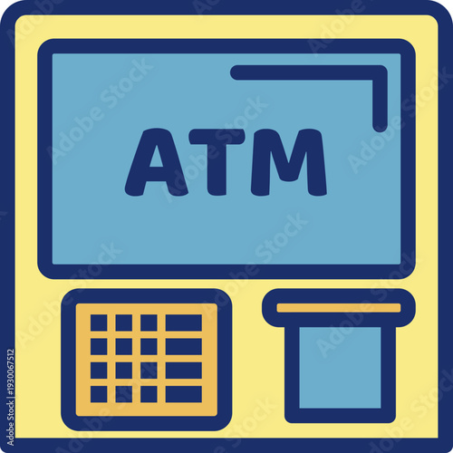 An illustration of an automated teller machine with keypad and cash dispenser, depicted in a simple graphic style