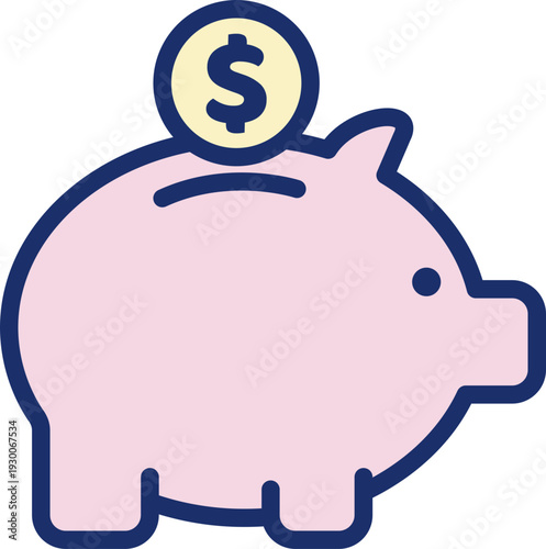 Coin being inserted into a piggy bank representing savings, finance, and money management concepts, SVG illustration