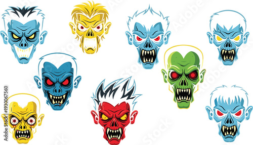 Zombie monster heads illustration, Halloween characters, creepy undead, spooky creatures, scary faces, fantasy horror, grotesque, eerie, comic, playful
